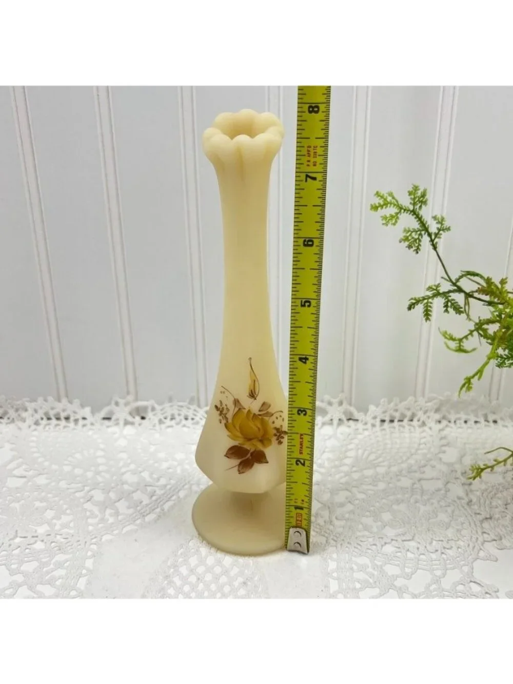 Fenton Custard Glass Satin Pedestal Swung Bud Vase Hand Painted Artist Signed
